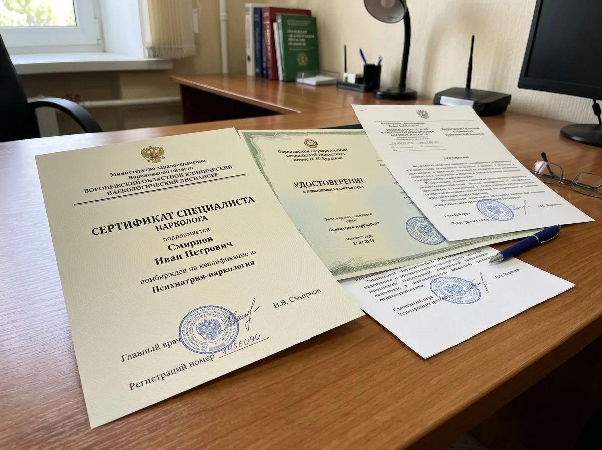 Сертификаты специалистов врачей-наркологов клиники, несколько документов разложены на столе, официальные бланки с печатями медицинских учреждений Воронежа