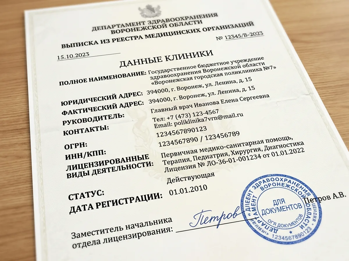 Выписка из реестра медицинских организаций Воронежской области с данными клиники, официальный документ на фирменном бланке с синей печатью